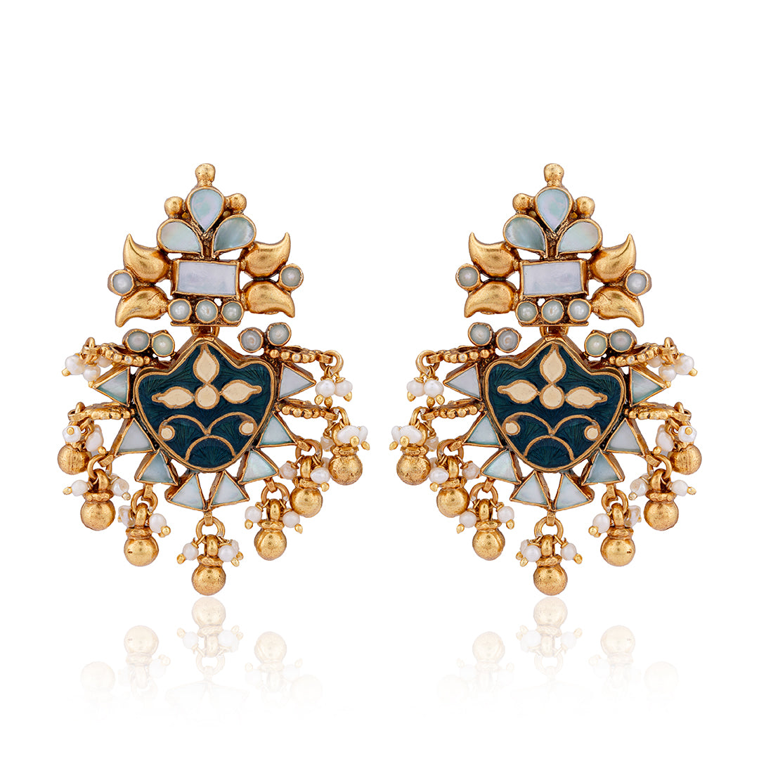 925 Sterling Silver Gold Plated Enamel Mother Of Pearl Earrings