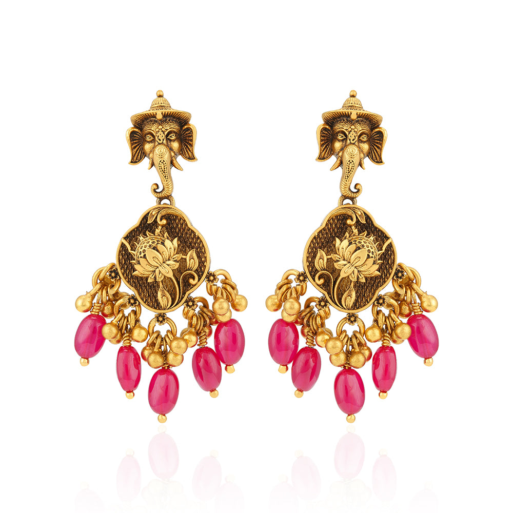 925 Sterling Silver Gold Plated Ethnic Ganesha Carved Lotus Pink Gem Drops Earrings for Women