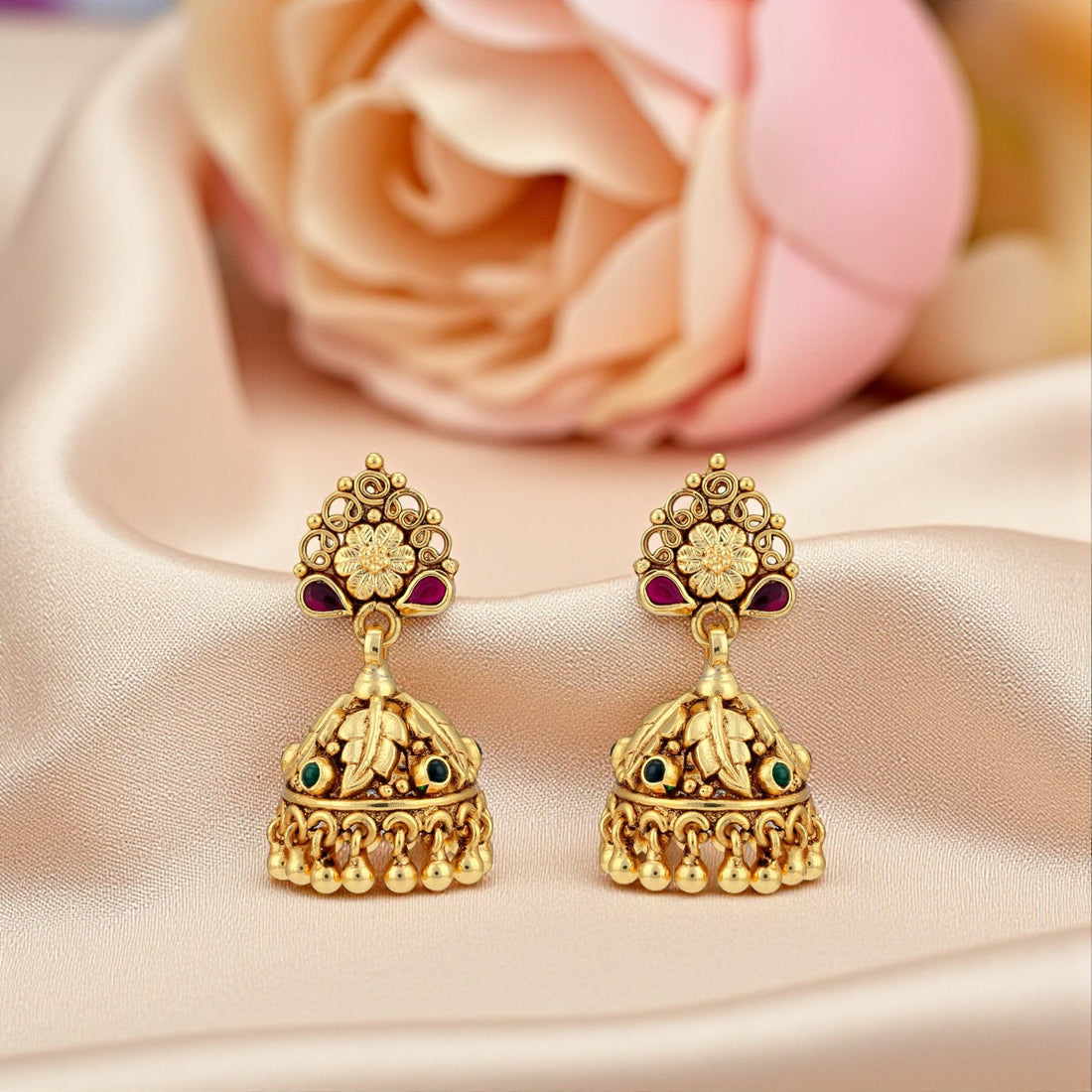 925 Sterling Silver Gold Plated Foliage Floral Jhumka For Women