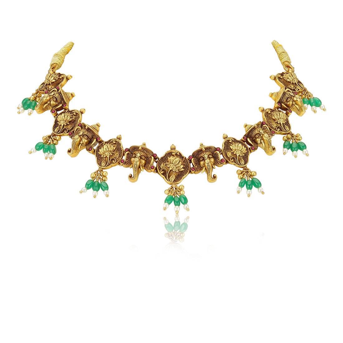 925 Sterling Silver Gold Plated Ganapati Emerald Drop Temple Necklace for Women