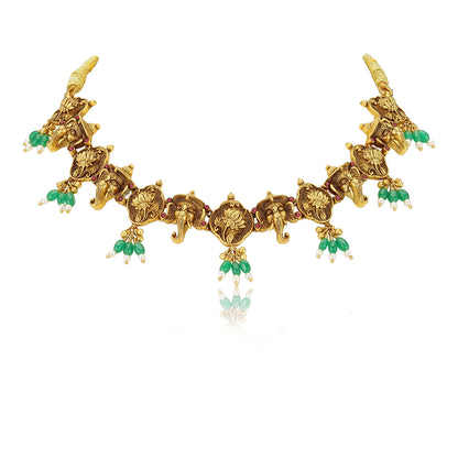 925 Sterling Silver Gold Plated Ganapati Emerald Drop Temple Necklace for Women