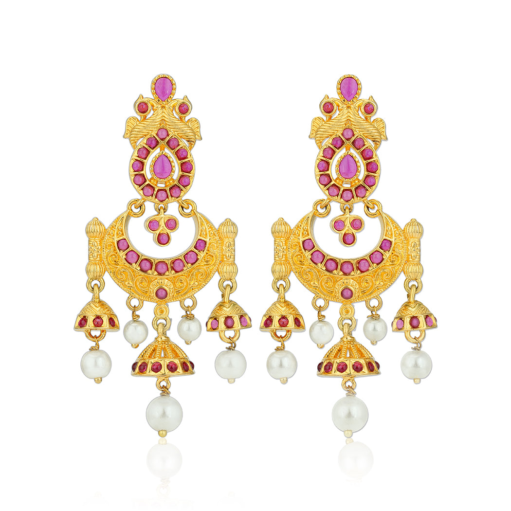 925 Sterling Silver Gold Plated Heritage Ruby Hanging Pearls Earrings for Women