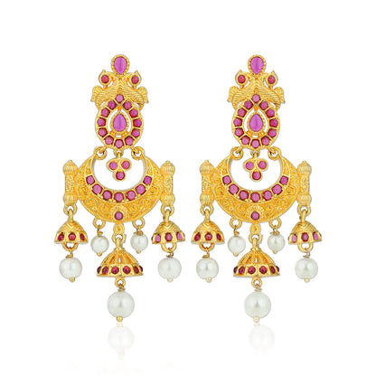 925 Sterling Silver Gold Plated Heritage Ruby Hanging Pearls Earrings for Women