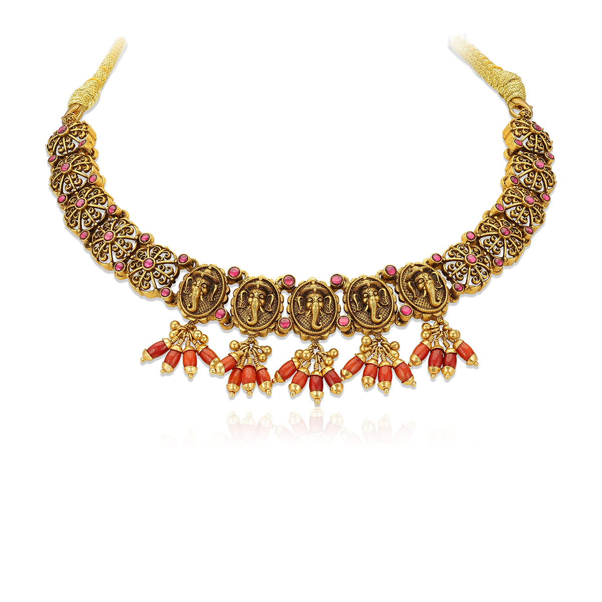 925 Sterling Silver Gold Plated Intricate Ganapati Motif Pink Highlights Choker for Women