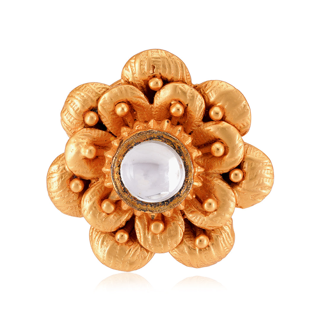 925 Sterling Silver Gold Plated Kundan Floral Ring