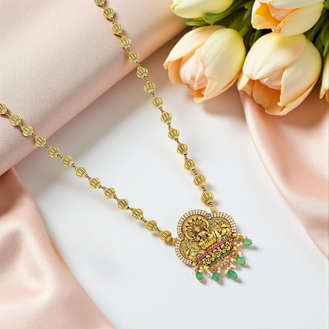 925 Sterling Silver Gold Plated Lakshmi Beaded Haram for Women