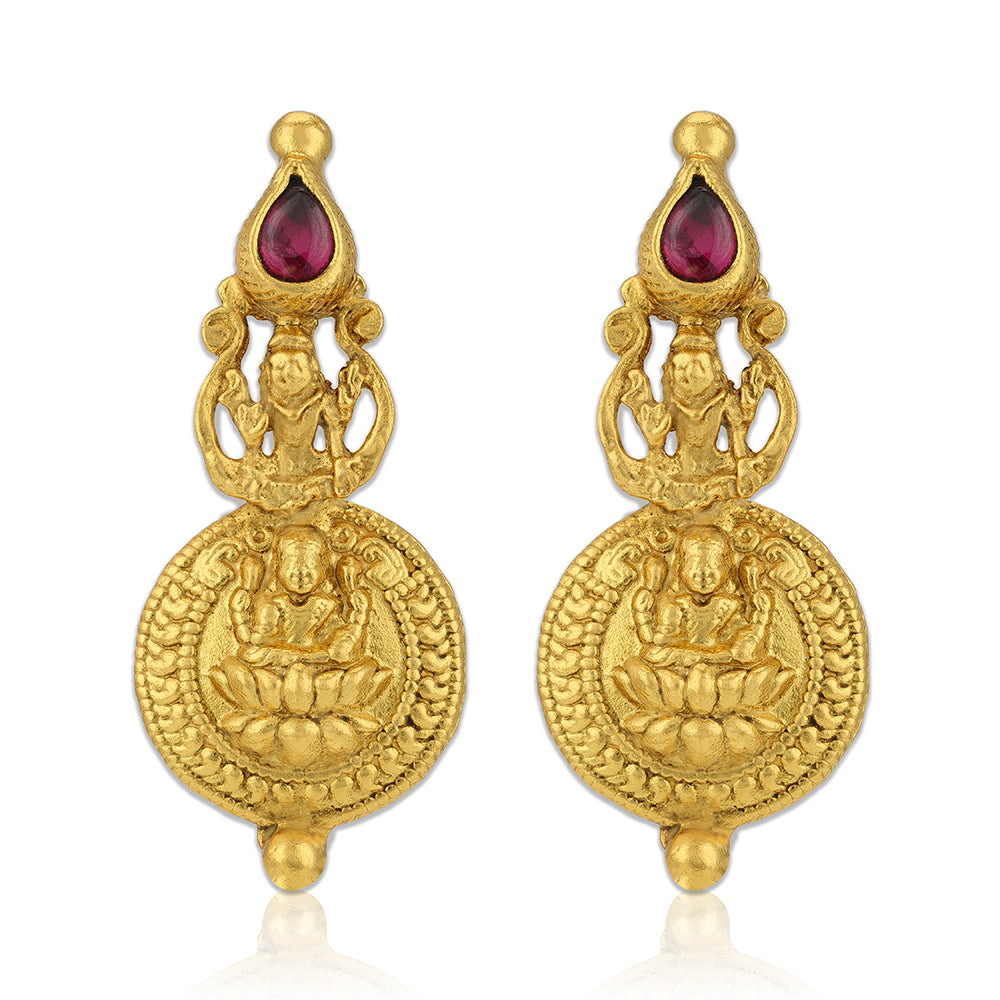 925 Sterling Silver Gold Plated Lakshmi Devi Coin Ruby Stone Earrings for Women