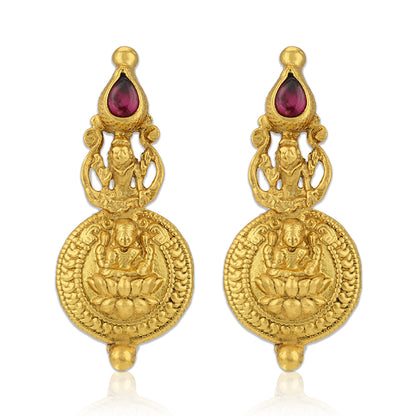 925 Sterling Silver Gold Plated Lakshmi Devi Coin Ruby Stone Earrings for Women
