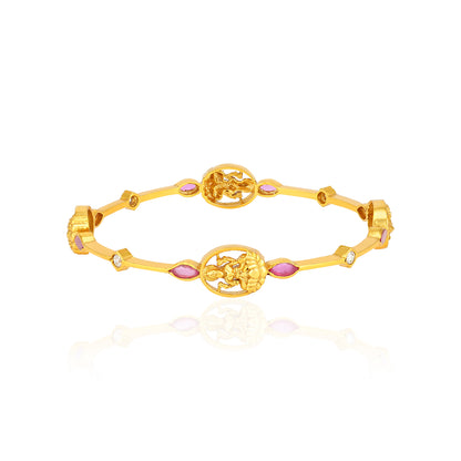 925 Sterling Silver Gold Plated Lakshmi Idol Pink Meenakari Leaf Accents Bangles for Women
