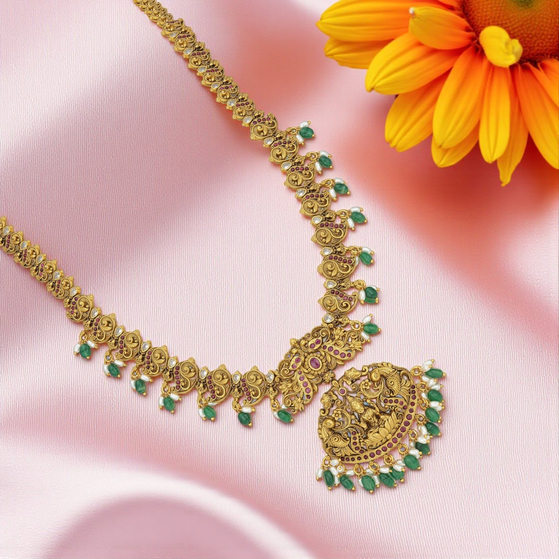 925 Sterling Silver Gold Plated Lakshmi Mayur Green Bead Haram for Women