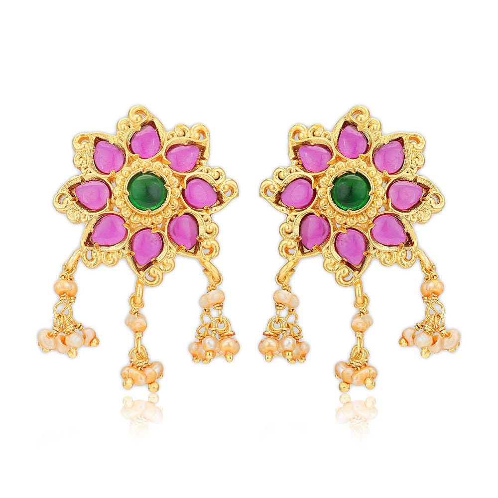 925 Sterling Silver Gold Plated Lotus Blossom Pearl Drop Emerald Center Earrings for Women
