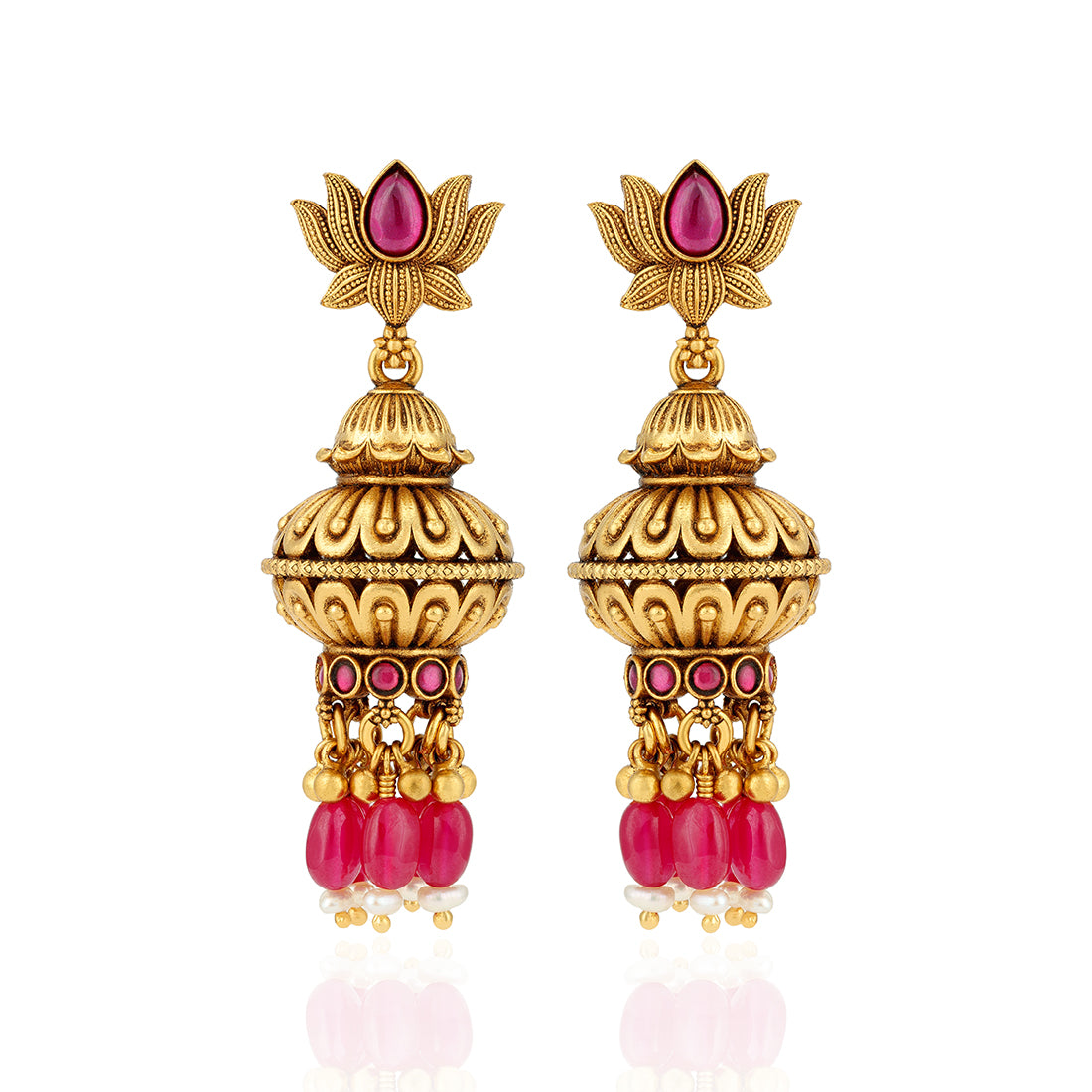 925 Sterling Silver Gold Plated Lotus Dome Pink Beads Drop Earrings for Women