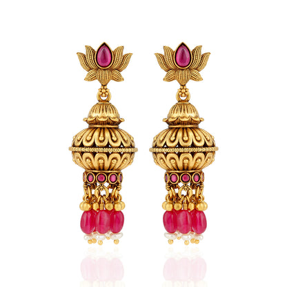 925 Sterling Silver Gold Plated Lotus Dome Pink Beads Drop Earrings for Women
