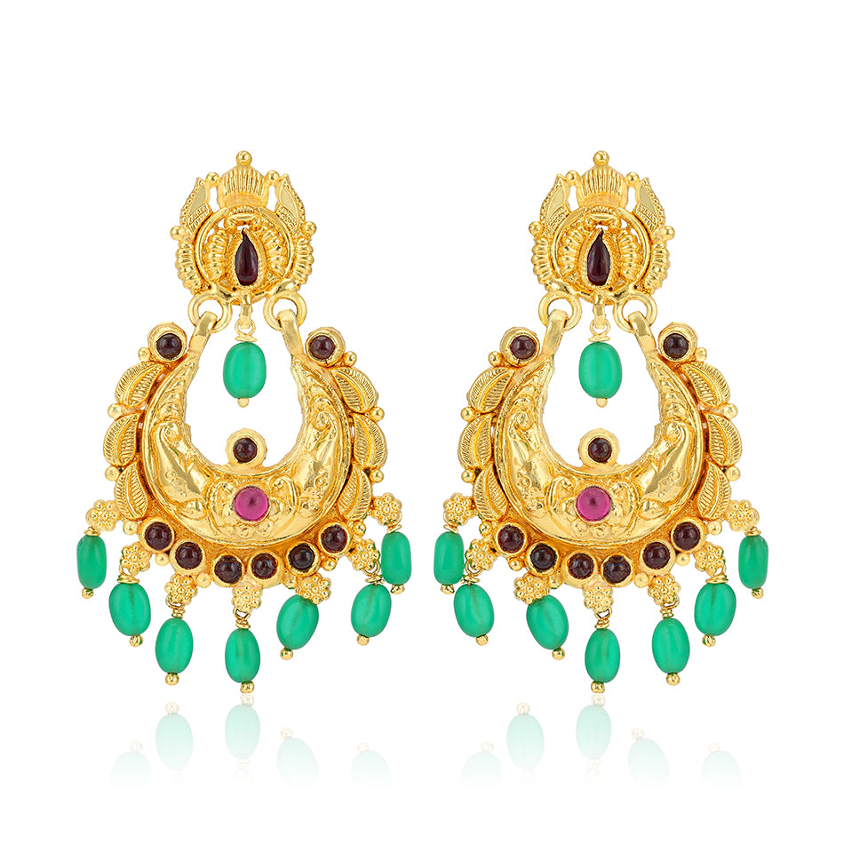 925 Sterling Silver Gold Plated Nakshi Chandbali Leaf Engravings Earrings for Women