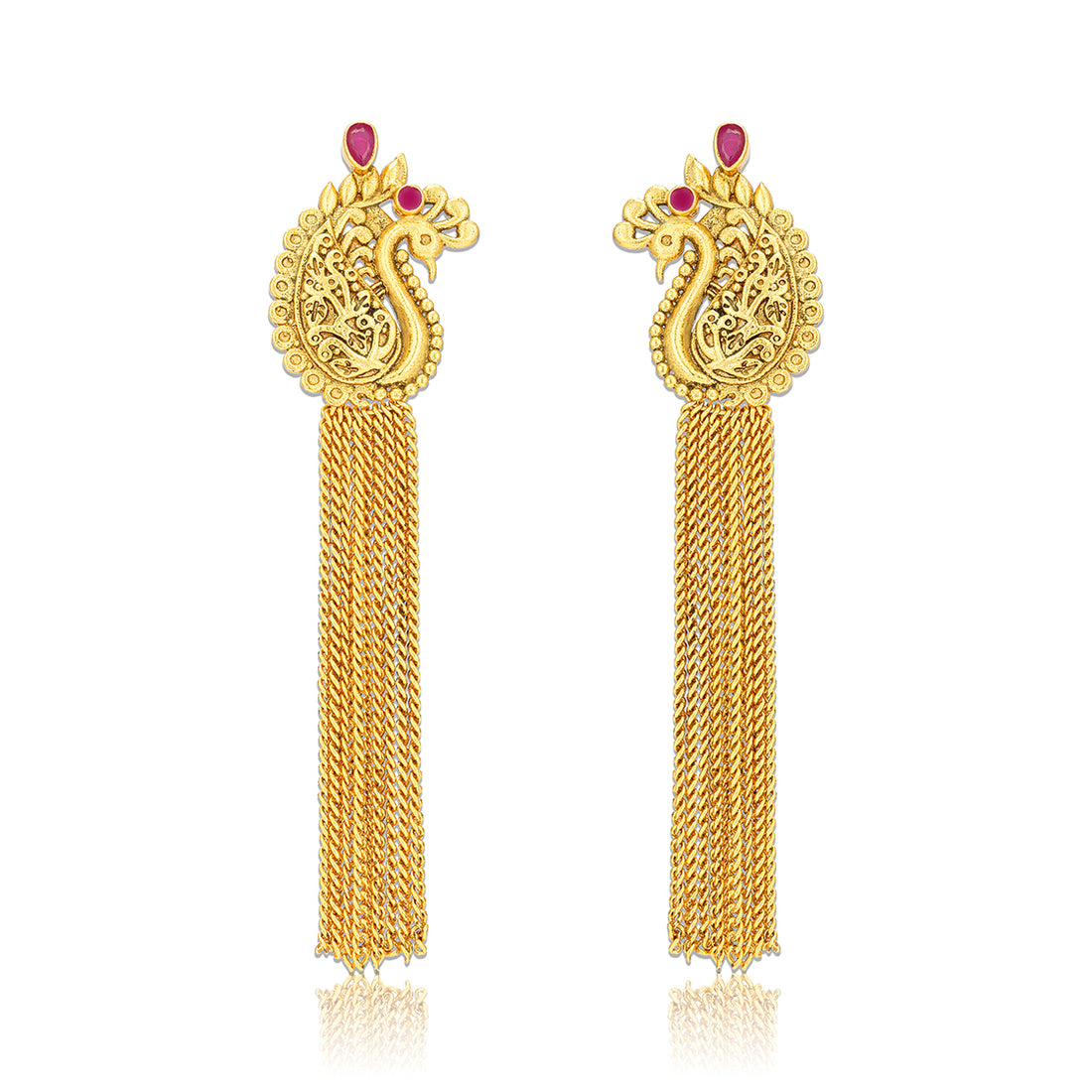 925 Sterling Silver Gold Plated Peacock Crest Tassel Ruby Accents Earrings for Women