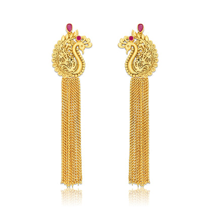 925 Sterling Silver Gold Plated Peacock Crest Tassel Ruby Accents Earrings for Women