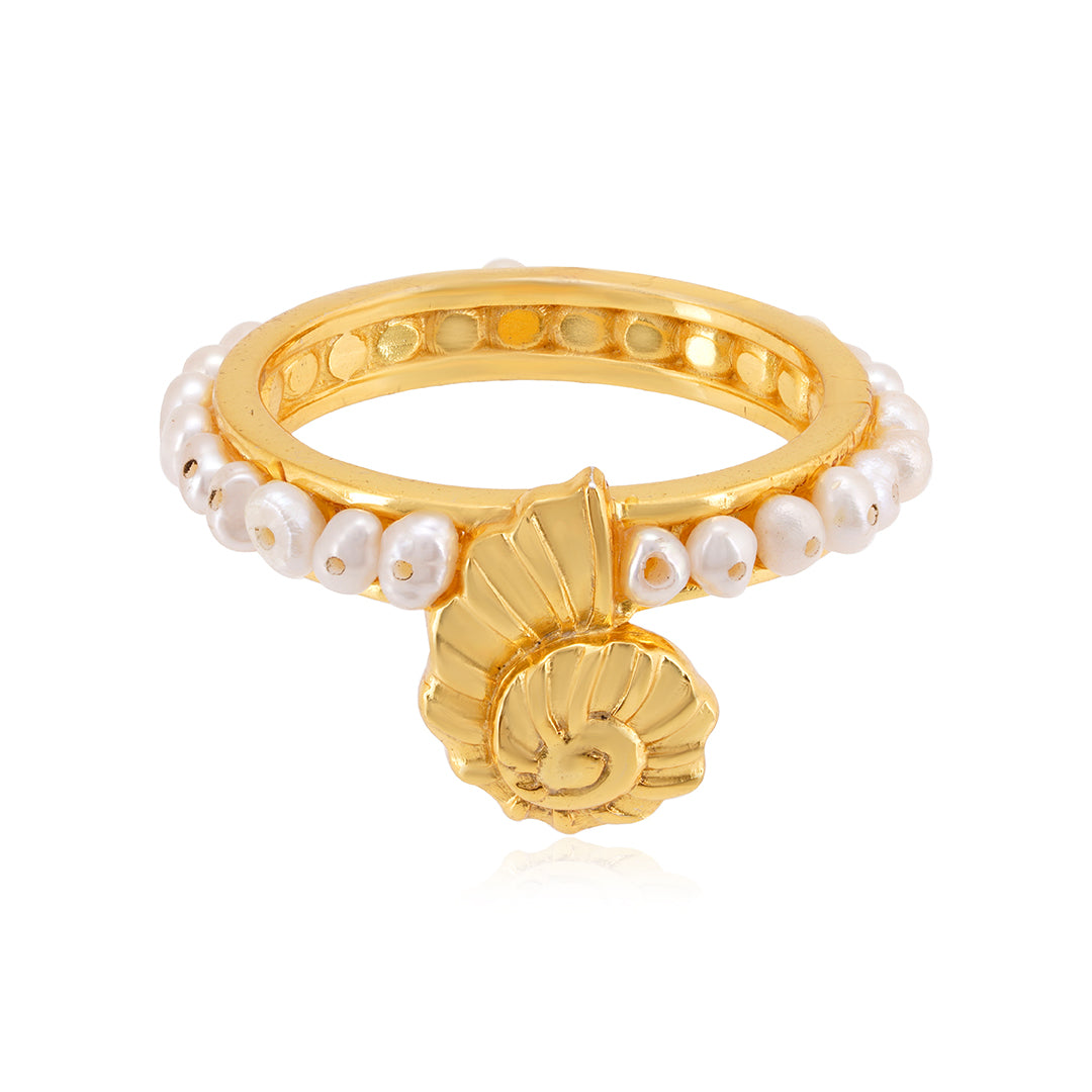 925 Sterling Silver Gold Plated Pearl Shores Ring