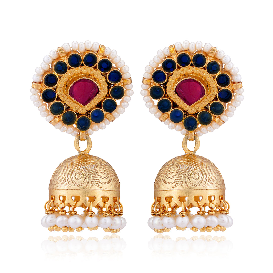 925 Sterling Silver Gold Plated Red Blue Stone Jhumka