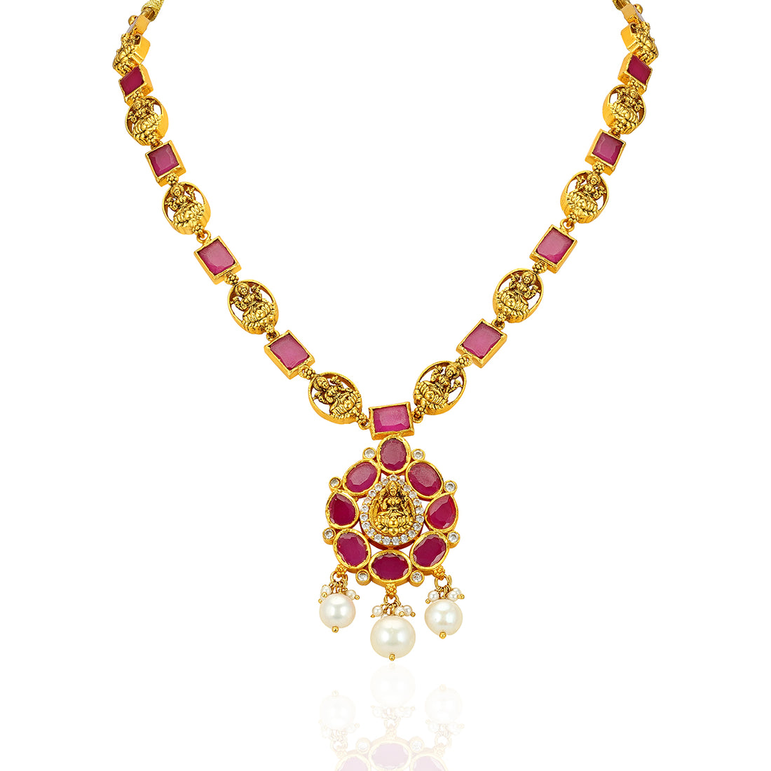 925 Sterling Silver Gold Plated Ruby Square Coin Link Lakshmi Necklace for Women