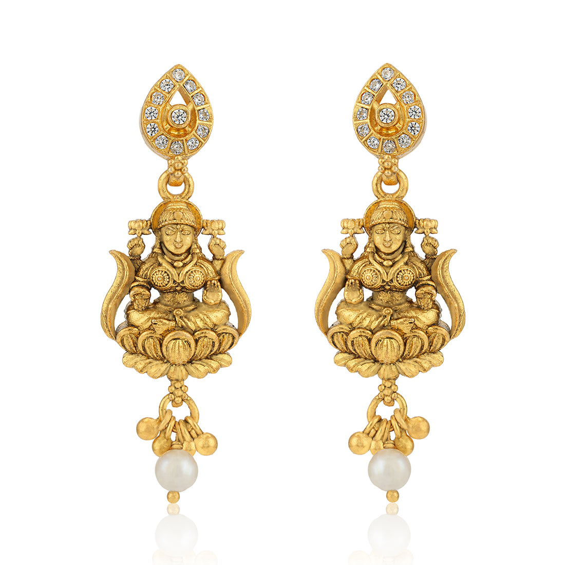 925 Sterling Silver Gold Plated Sacred Lakshmi Tear Shaped Top Hanging Pearl Earrings for Women
