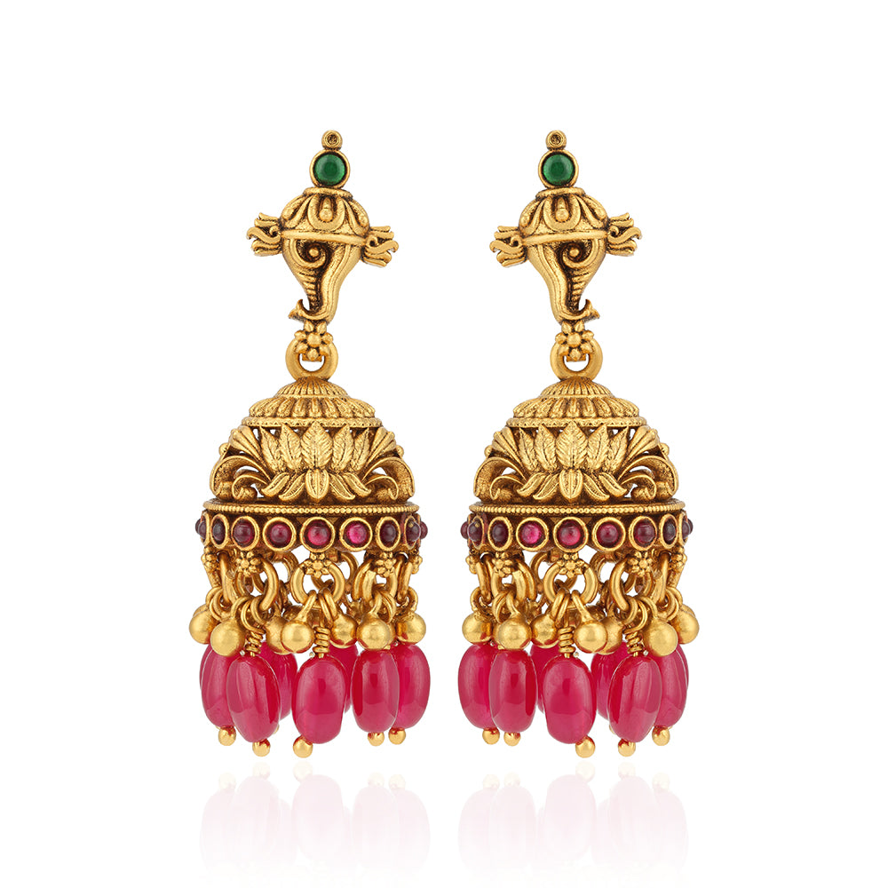 925 Sterling Silver Gold Plated Shankh Lotus Carved Jhumka with Pink Beads for Women