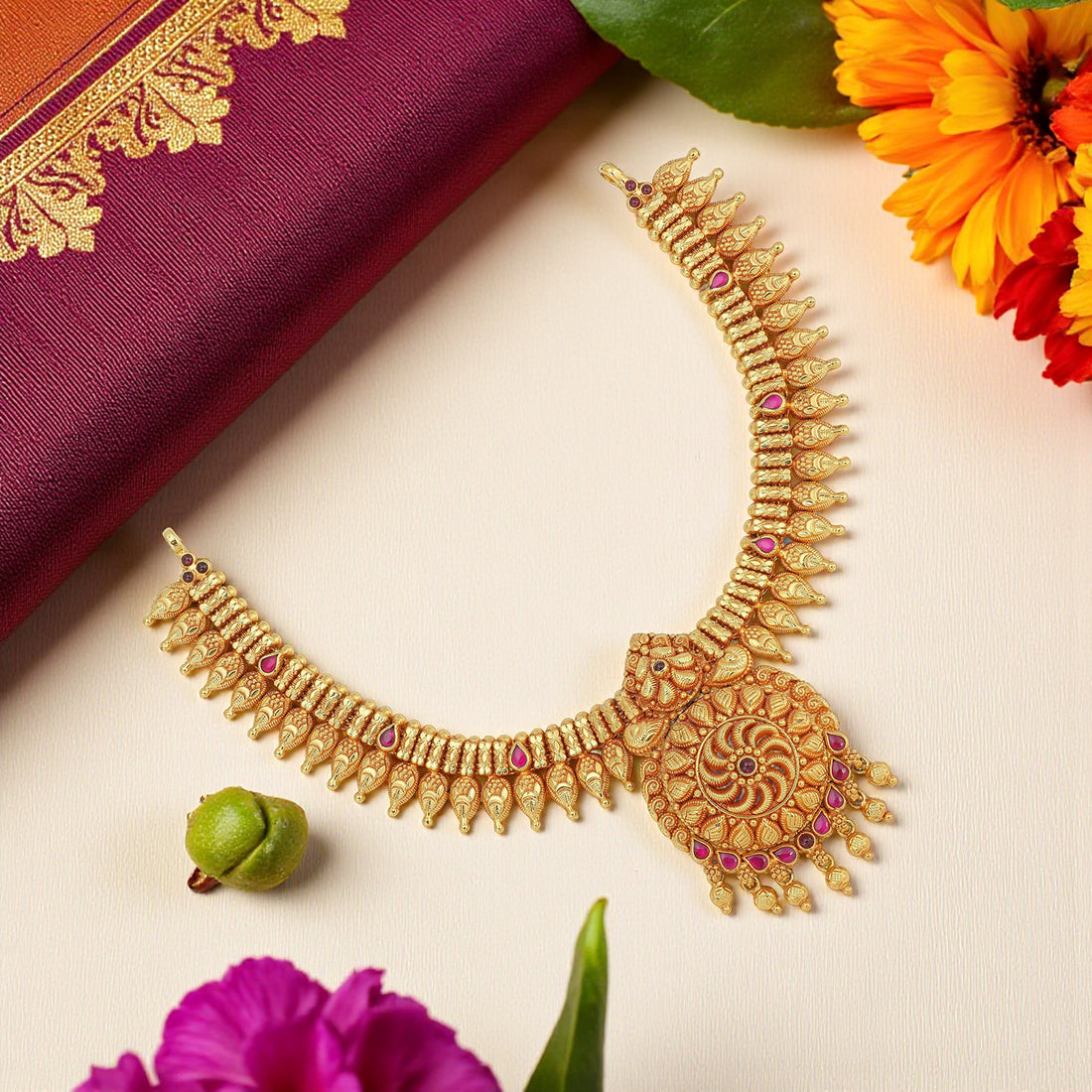 925 Sterling Silver Gold Plated South Indian Ruby Accents Antique Necklace for Women