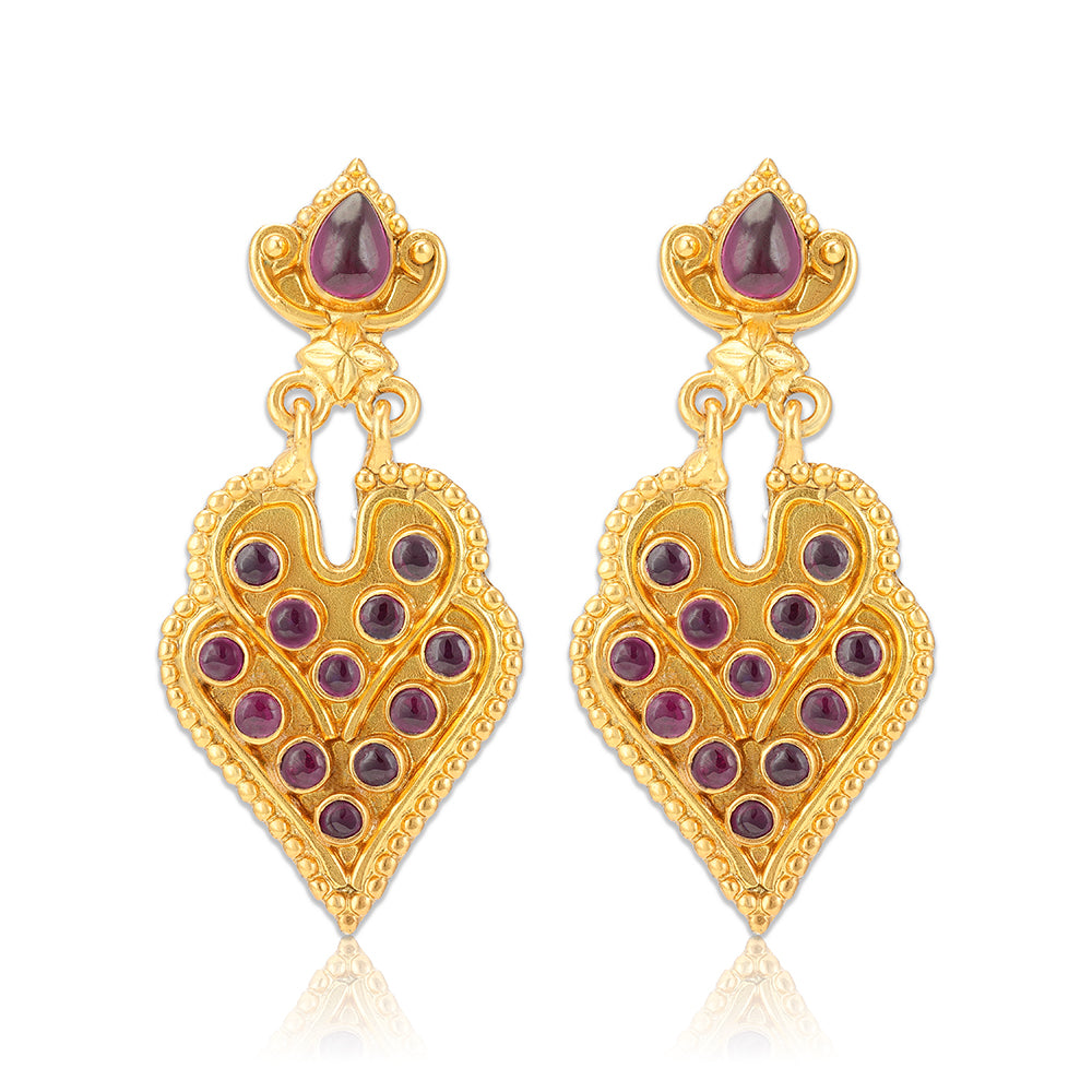 925 Sterling Silver Gold Plated Temple Motif Leaf Drop Ruby Earring for Women