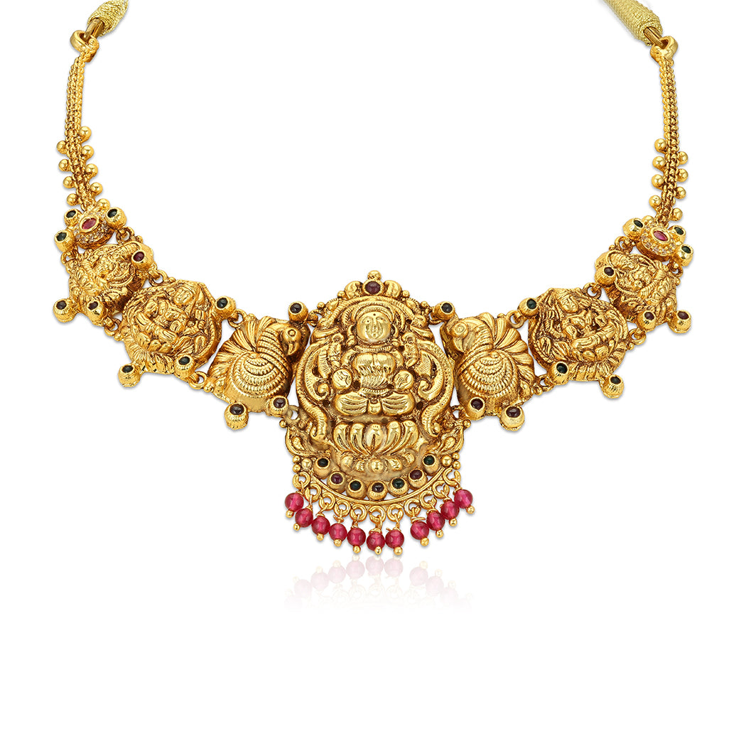 925 Sterling Silver Gold Plated Traditional Goddess Lakshmi Ruby Fringe Choker for Women