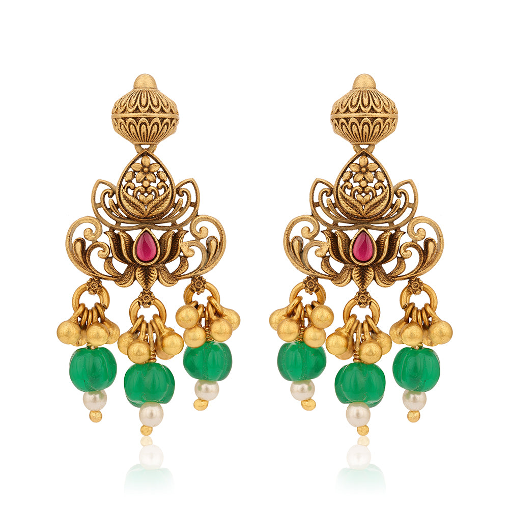 925 Sterling Silver Gold Plated Traditional Lotus Green Drop Earrings
