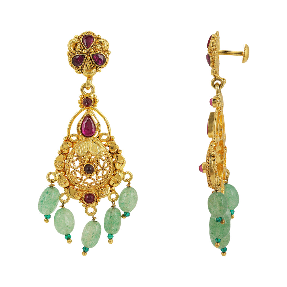 925 Sterling Silver Gold Plated Traditional Manga Green Beads Drop Earrings For Women