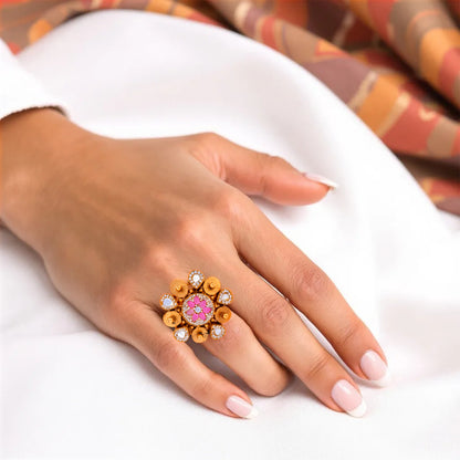 925 Sterling Silver Golden Petal Mirror Stone Ring for Women