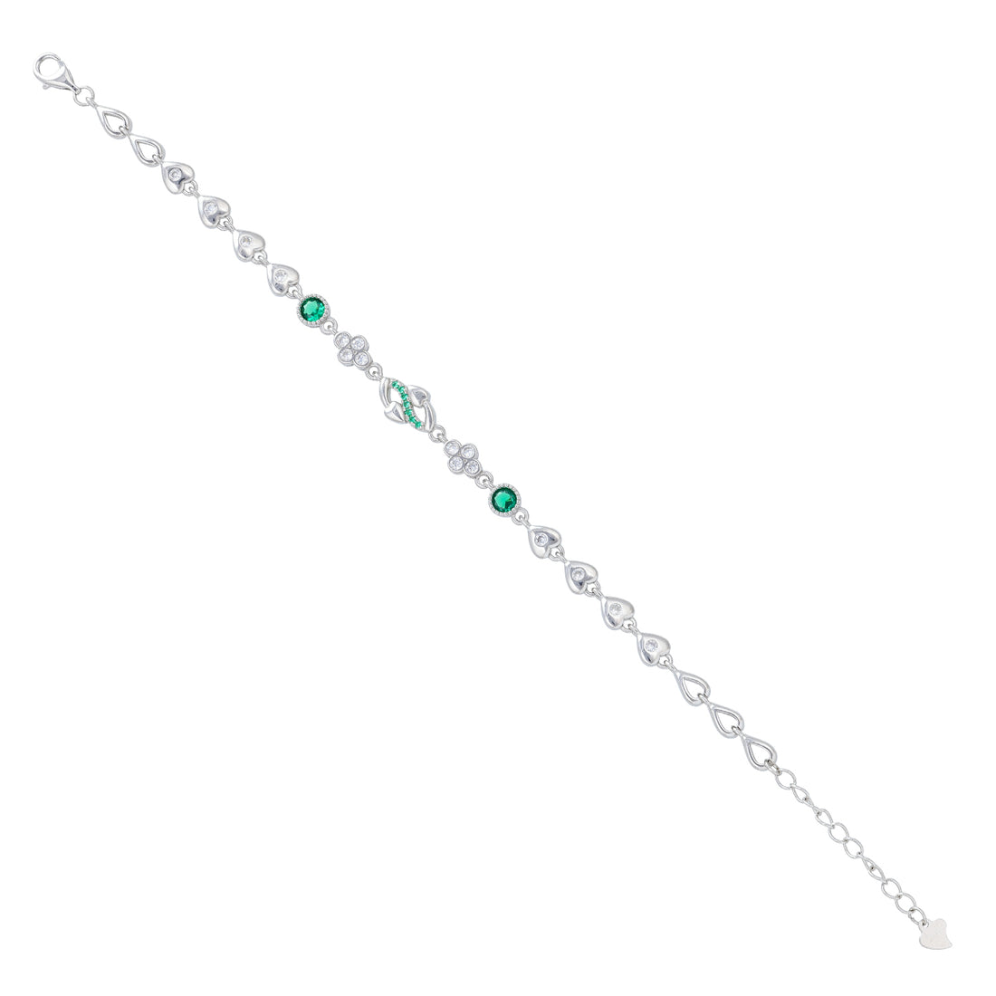 925 Sterling Silver Green Heart &amp; Clover Motif Rhodium Plated Bracelet