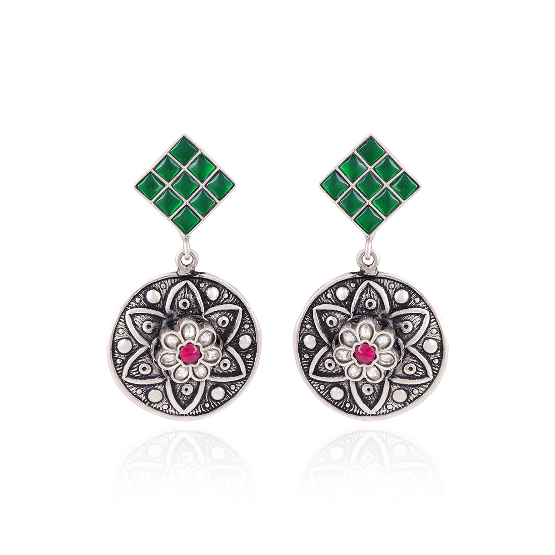 925 Sterling Silver Green Linked Circle Earrings for Women