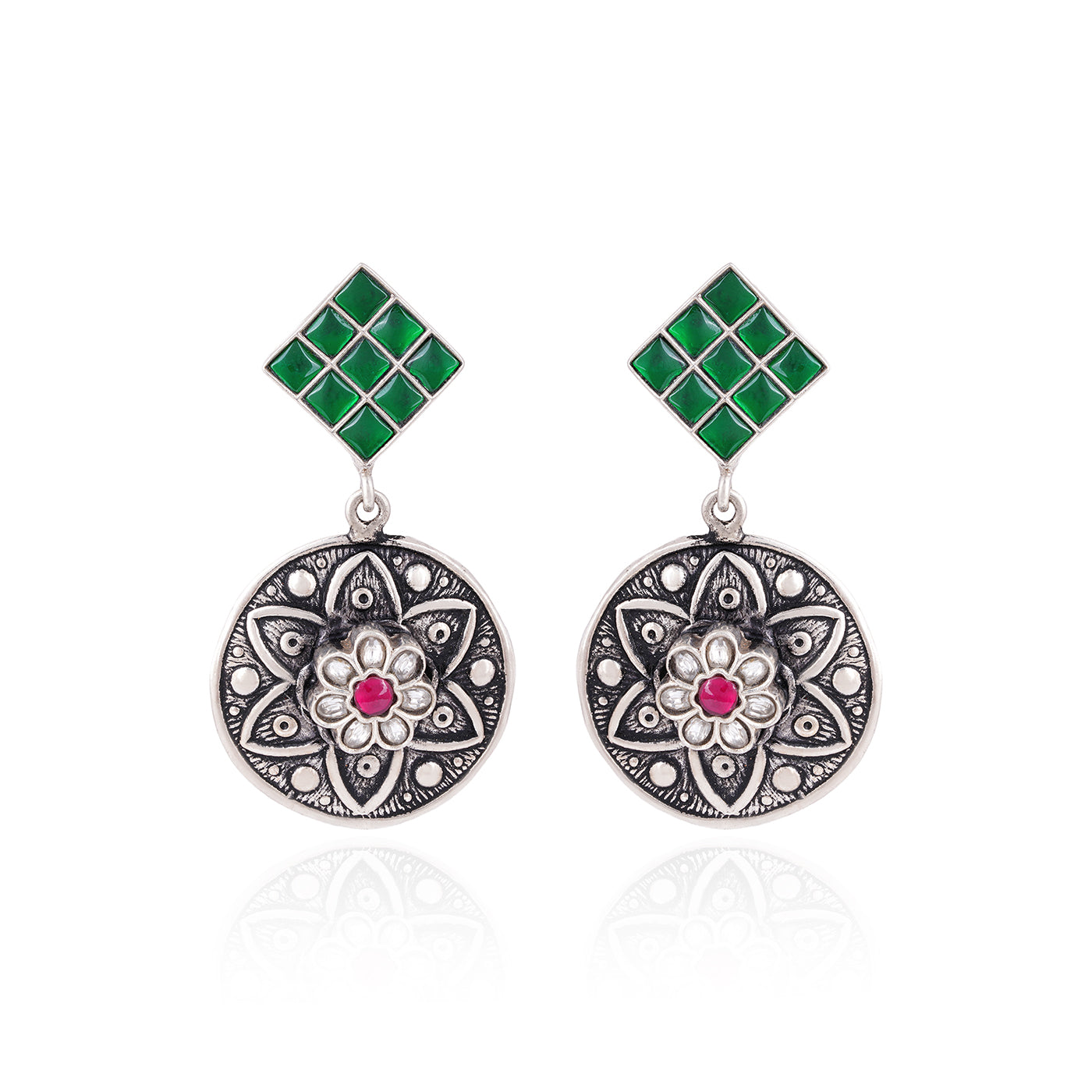 925 Sterling Silver Green Linked Circle Earrings for Women