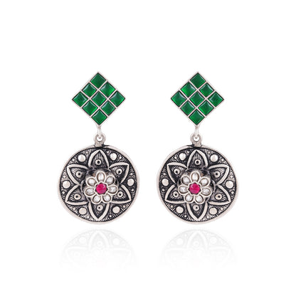 925 Sterling Silver Green Linked Circle Earrings for Women