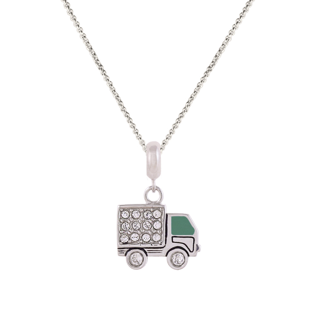 925 Sterling Silver Green Mini Truck Rhodium Plated Pendant For Kids
