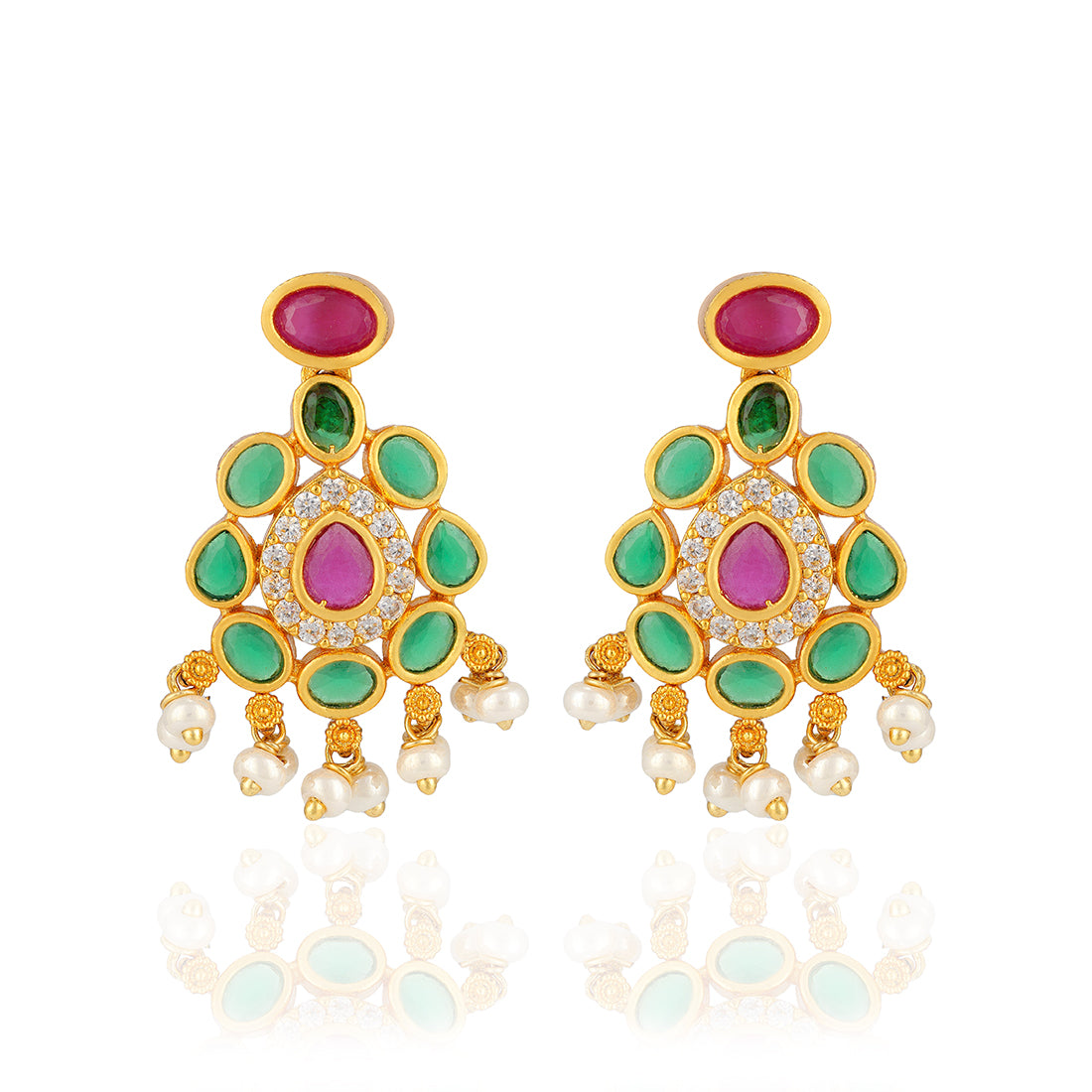 925 Sterling Silver Green Pear Shaped Red Centered Gold Plated Earrings for Women