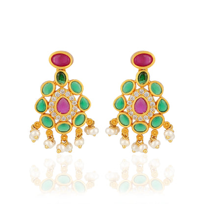 925 Sterling Silver Green Pear Shaped Red Centered Gold Plated Earrings for Women