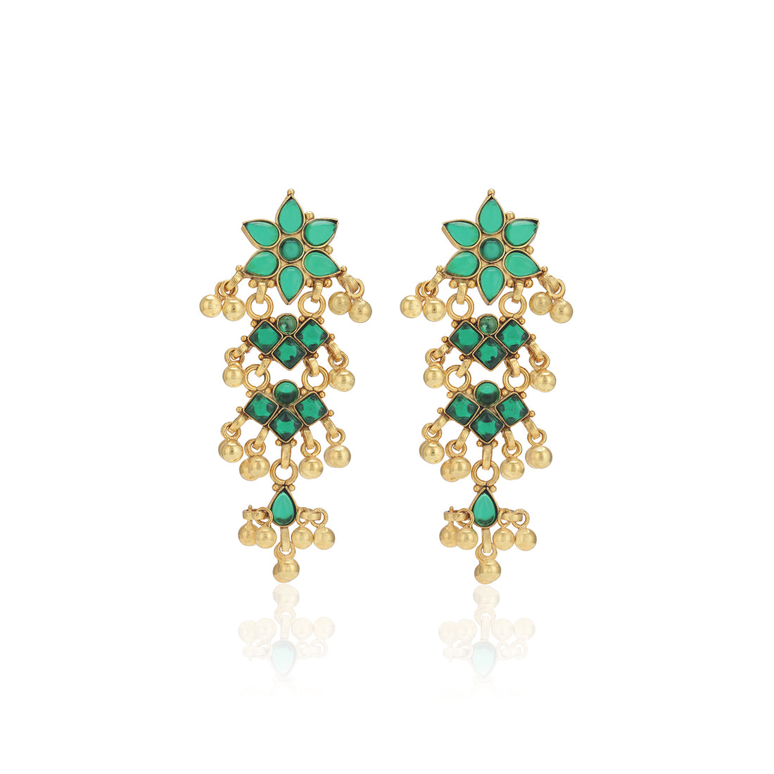 925 Sterling Silver Green Stone Floral Cascade Gold Danglers Earrings For Women