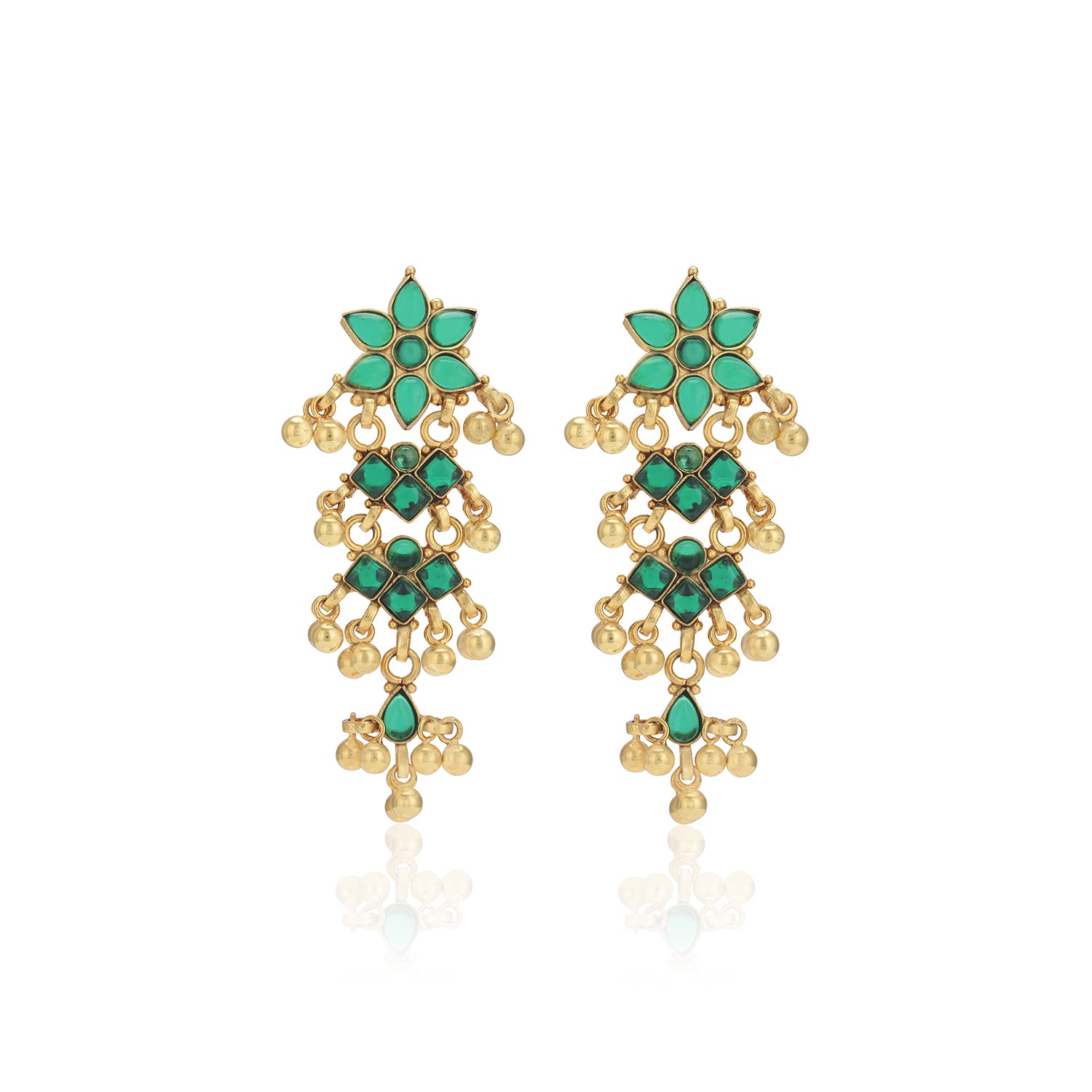 925 Sterling Silver Green Stone Floral Cascade Gold Danglers Earrings For Women