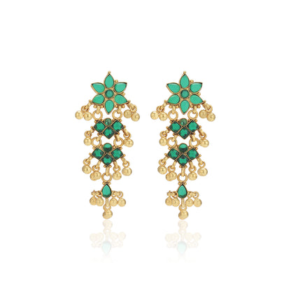 925 Sterling Silver Green Stone Floral Cascade Gold Danglers Earrings For Women