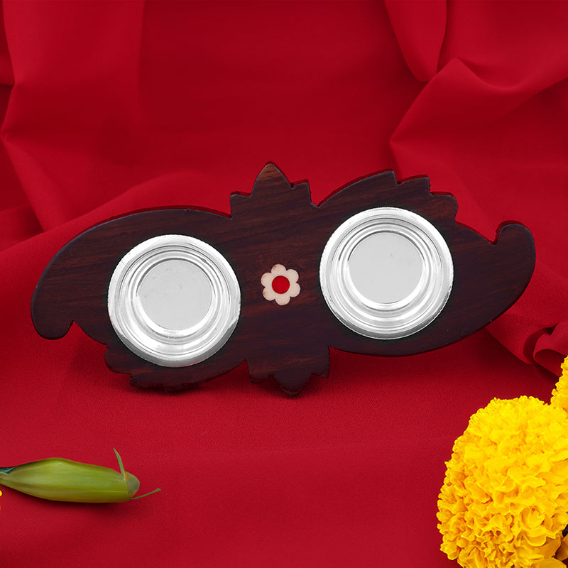 925 Sterling Silver Haldi Kumkum Box Set With Rosewood Base For Pooja