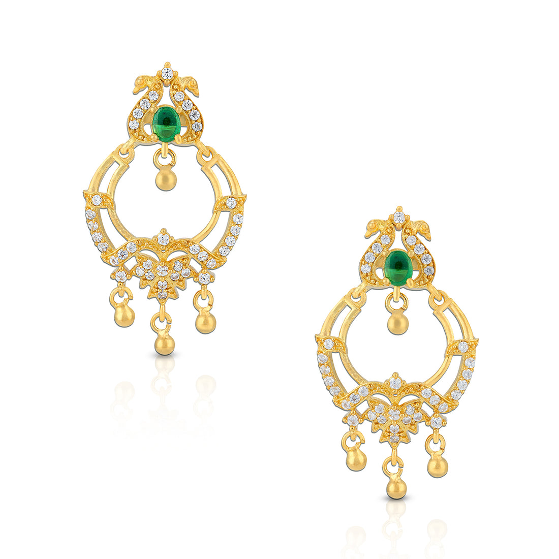Gold earrings with green gemstones on a white background