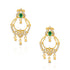Gold earrings with green gemstones on a white background