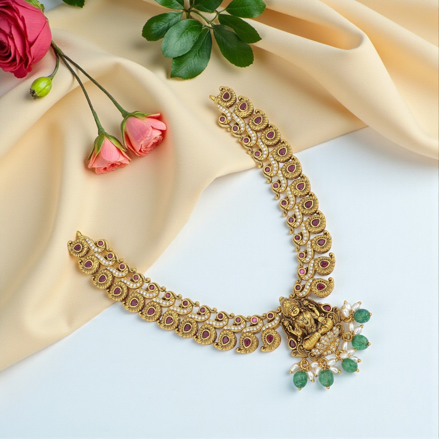 925 Sterling Silver Heritage Lakshmi Manga Kasu Green Drop Necklace for women