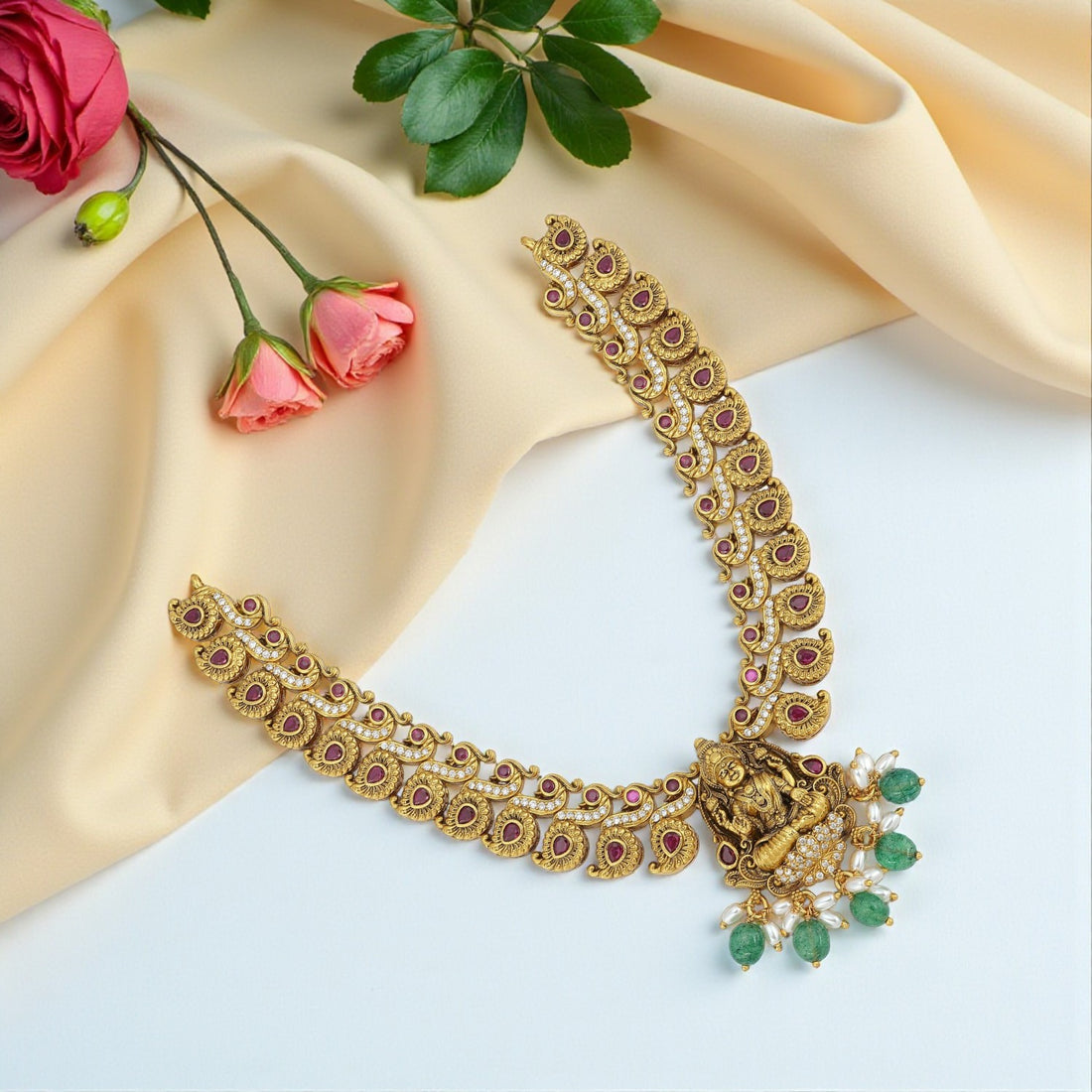 925 Sterling Silver Heritage Lakshmi Manga Kasu Green Drop Necklace for women