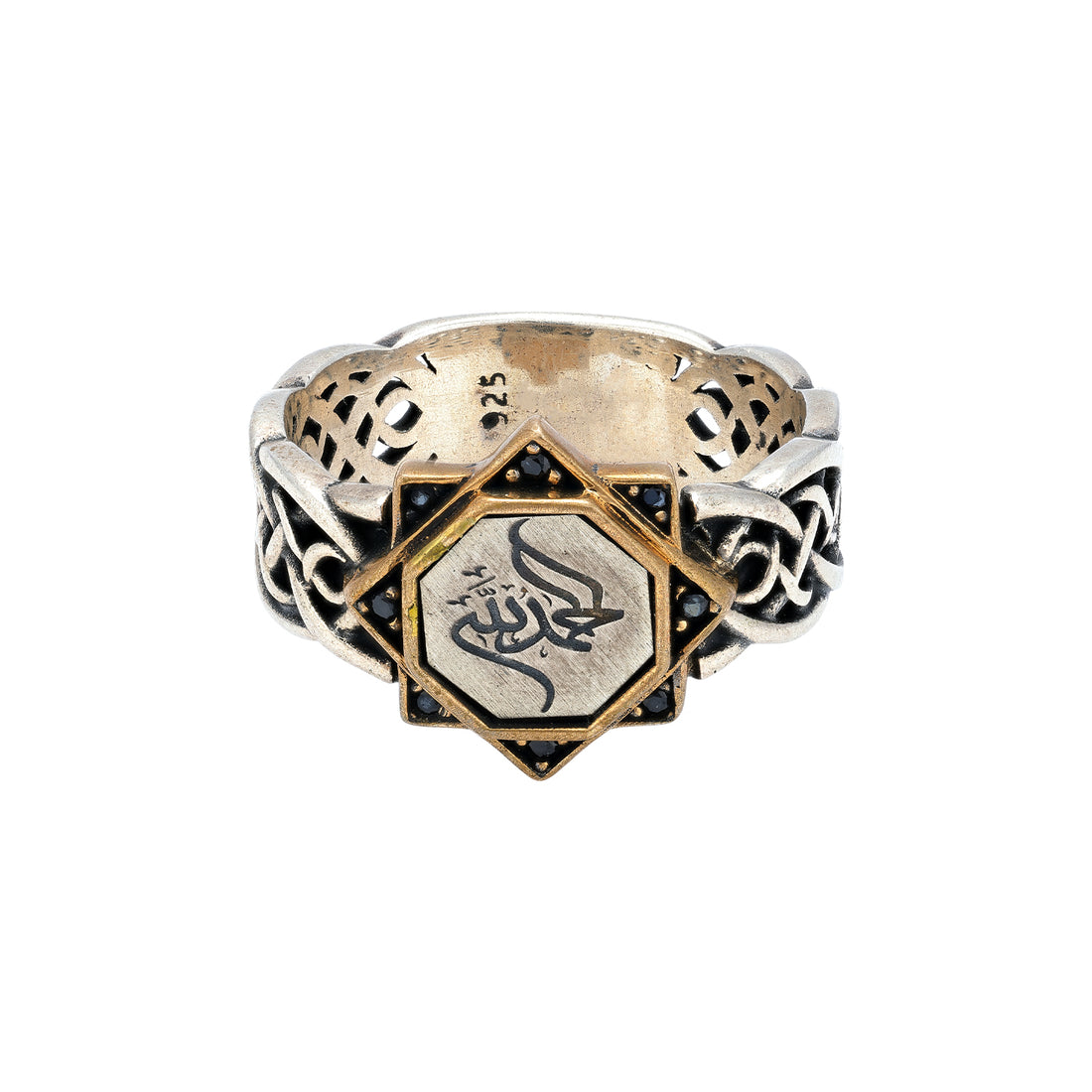 925 Sterling Silver Hexagonal Emblem Calligraphy Gothic Patterned Black Stone Frame Ring for Men