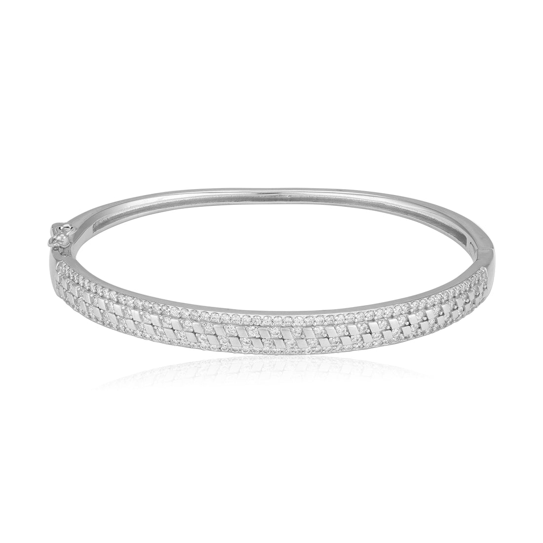 925 Sterling Silver Interlocked Pave Tapered Basket Weave Texture Bracelet for Women