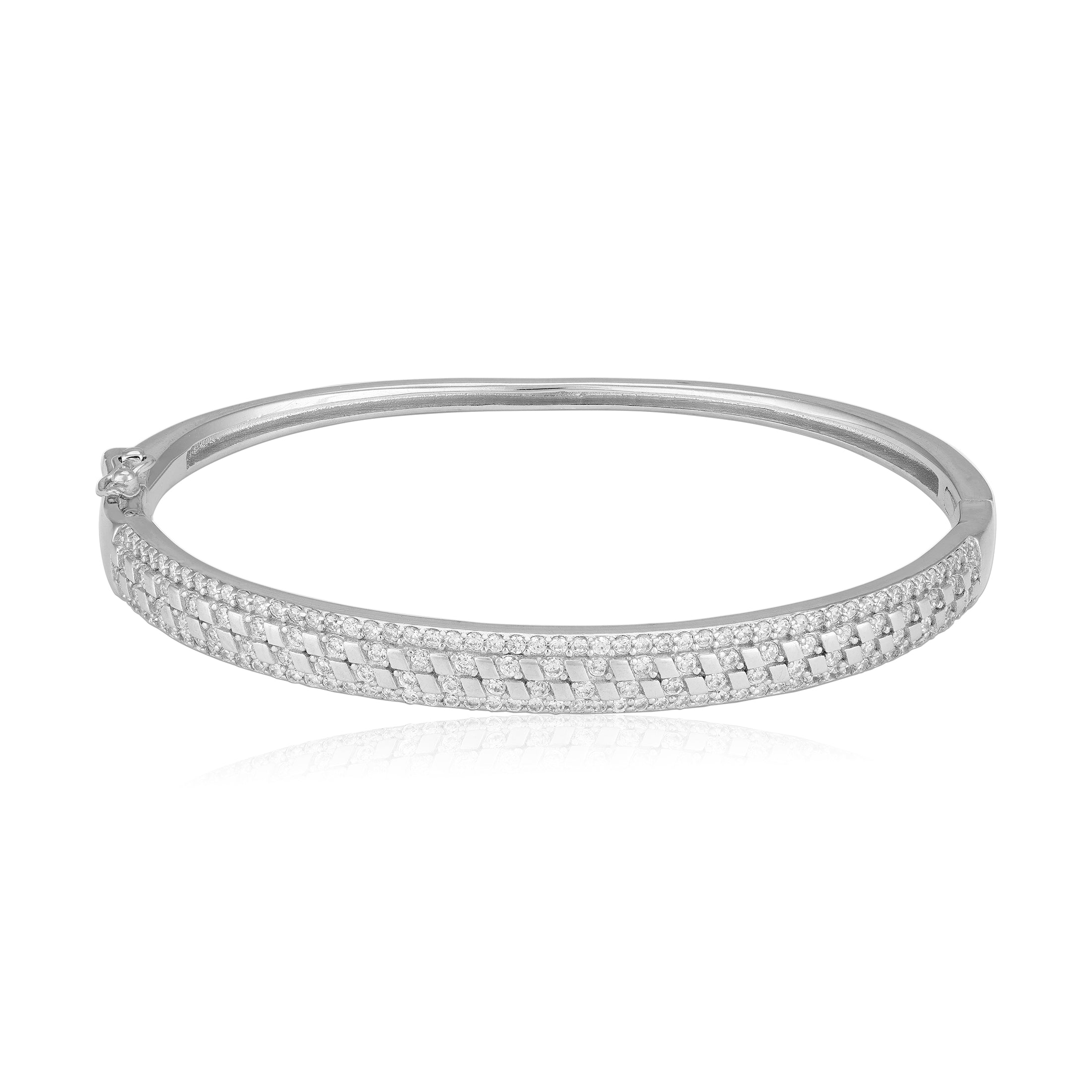 925 Sterling Silver Interlocked Pave Tapered Basket Weave Texture Bracelet for Women