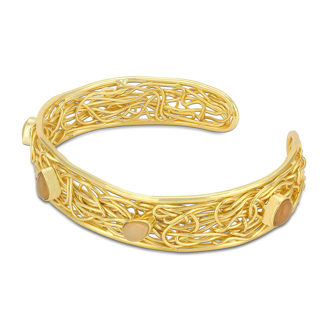 Gold bracelet with intricate design on a white background